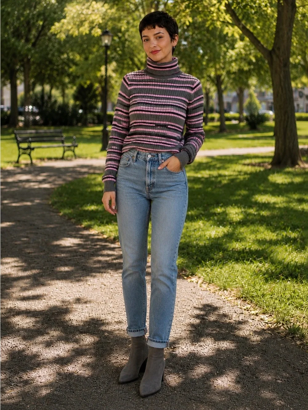 Vintage Jeanne Pierre 100% Cotton Ribbed Turtleneck Sweater L Lavender Stripe